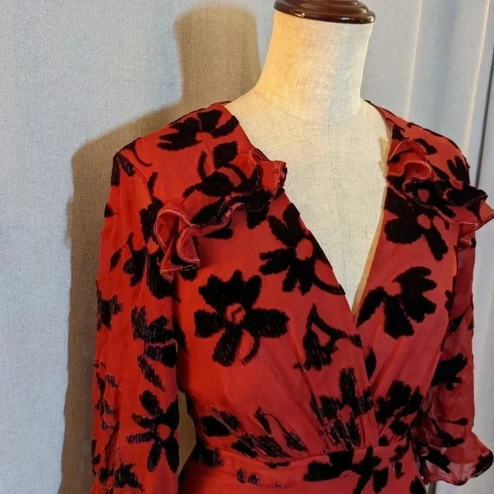 Saloni Red Chiffon V Maxi Dress Black Velvet Flowers Size 2 Edith Devor